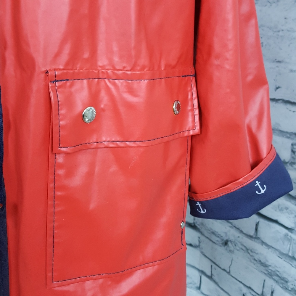 SOLD VINTAGE 80s reversible Patriotic  canvas/slick shiny  Raincoat - Picture 2 of 5